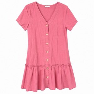100% Cotton Crisp Ruffle Cottagecore Mauve Button Down Shirt Dress Women's M